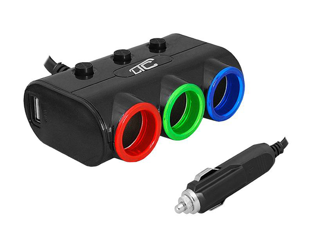 LTC Adapter CAR FIRE LED + cable 3 sockets + 2xUSB, 1.2A, 12 / 24V, black LXAS8. 