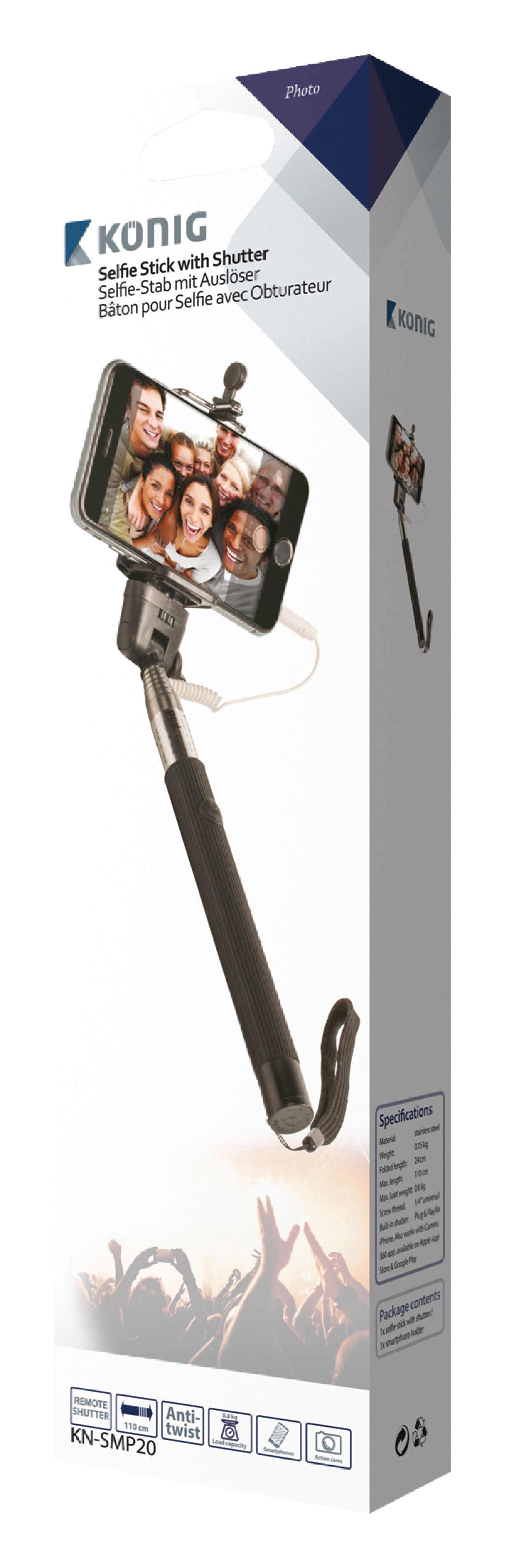 Extendable selfie stick with shutter non-slip grip with safety cord KN-SMP20