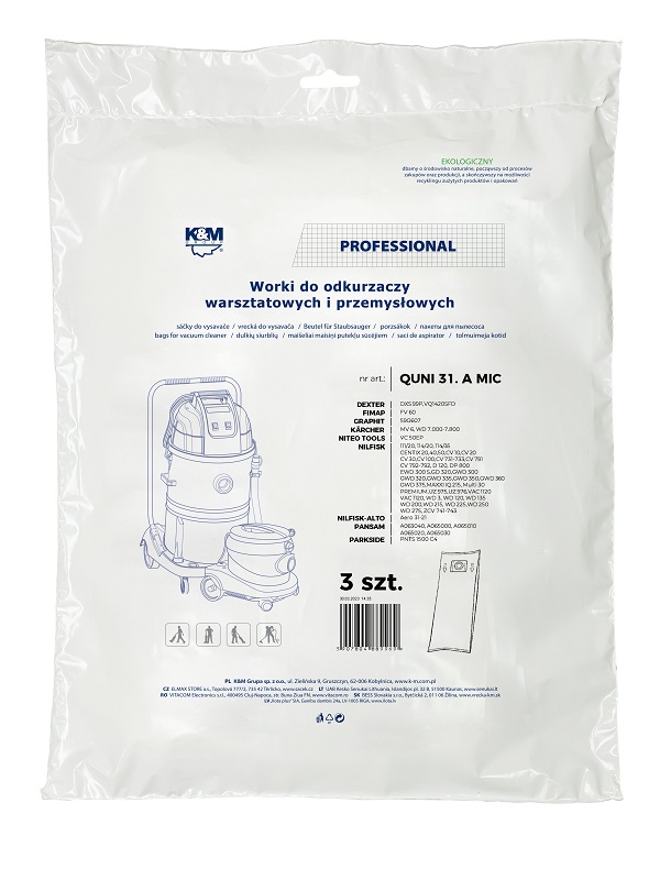 Dust bags for vacuumcleaner KARCHER WD6, WD7000; MAKITA,NILFISK  KM-QUNI31.A (3 pcs.) 